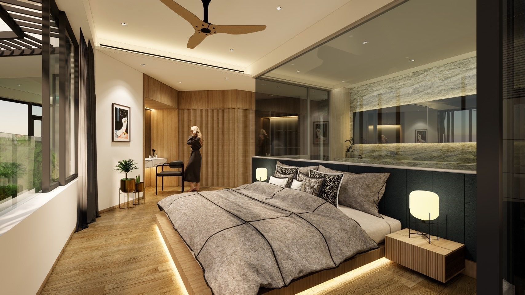 Suite One — The Panorama Suite: master bedroom with panoramic jungle and ocean views, Level 4