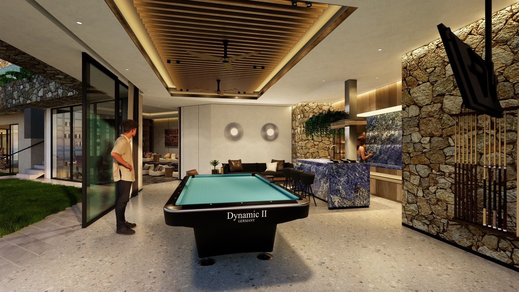 Villa Unity ground-floor entertainment level — pool table and bar