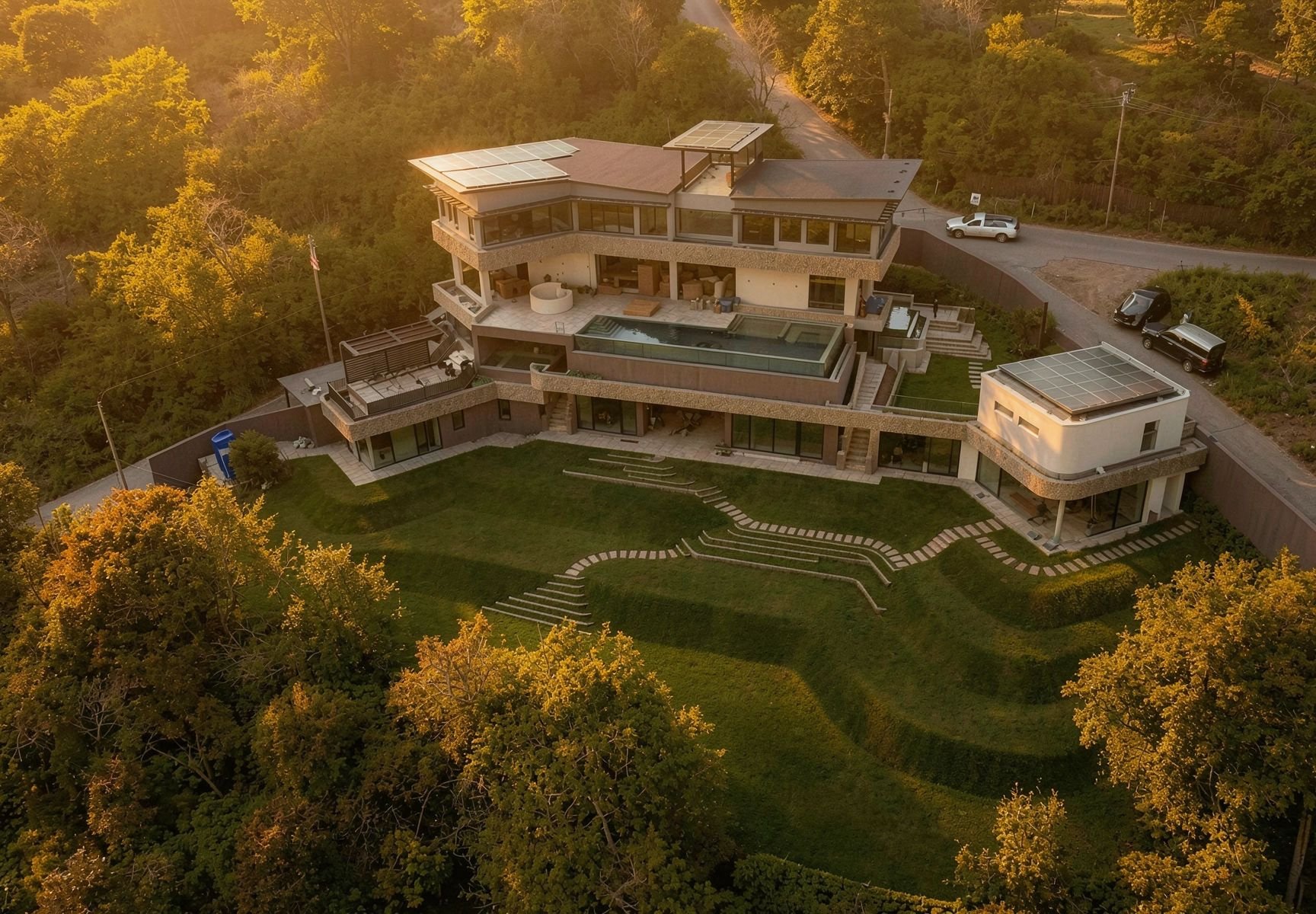Villa Unity from the air — the five-level estate in the Bophut hills at golden hour