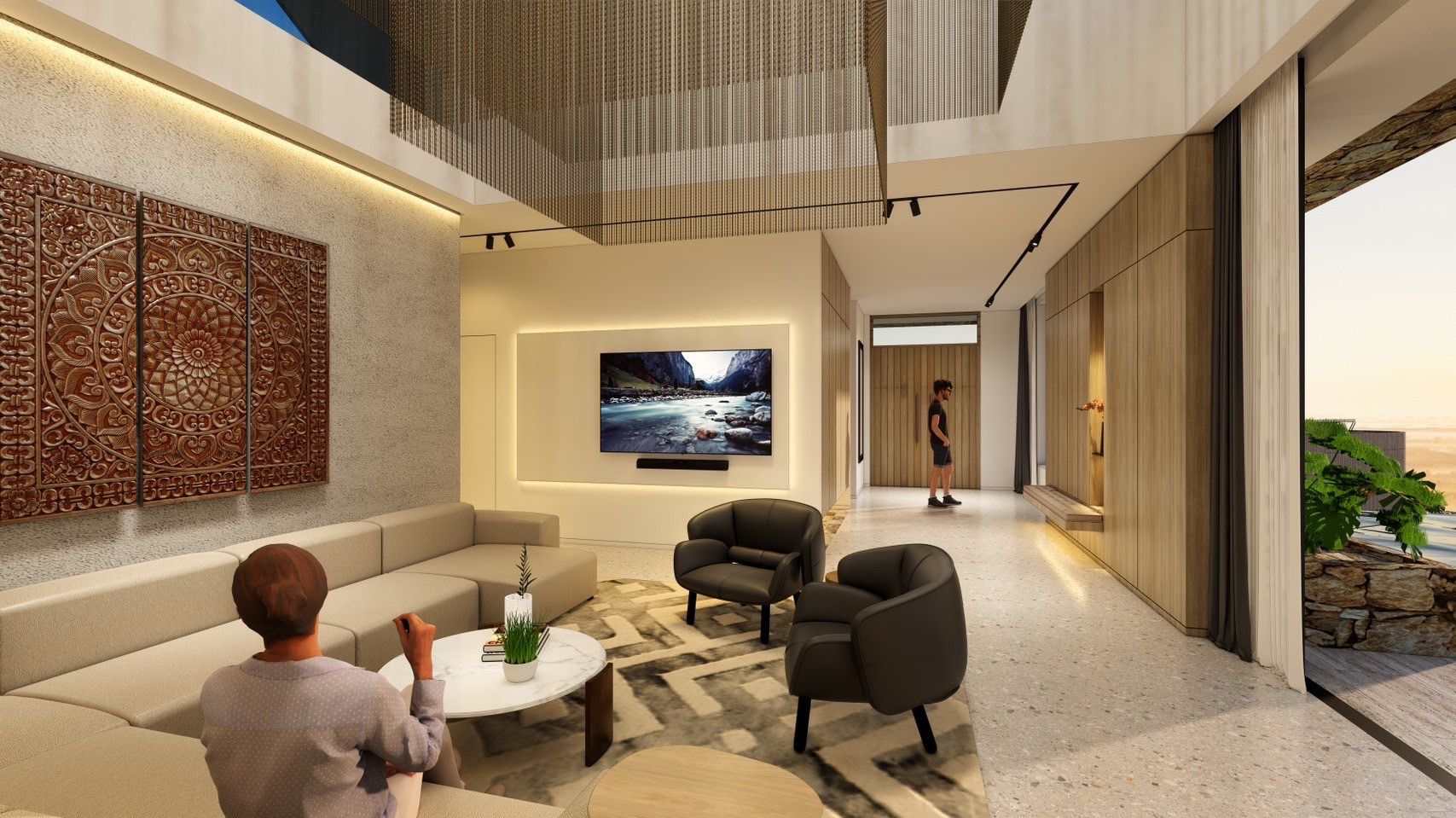 Villa Unity main living level — double-height living room and infinity-pool terrace