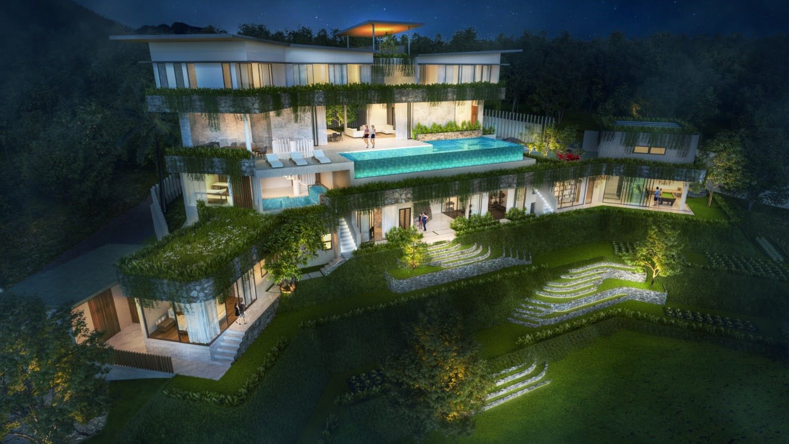 Villa Unity exterior view overlooking Bophut Hills jungle canopy, Koh Samui luxury private estate