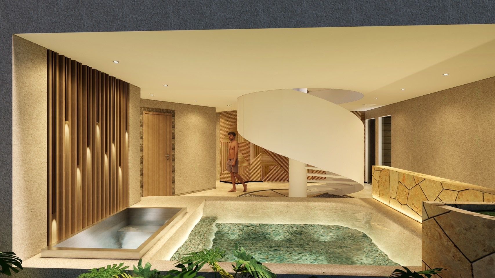 PebbleTec swimming pool and hot plunge surrounded by tropical gardens